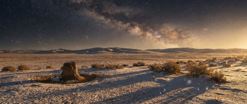 Milky Way arching over a flat desert landscape, stars sharp and countless, no light pollution (udx3mear)