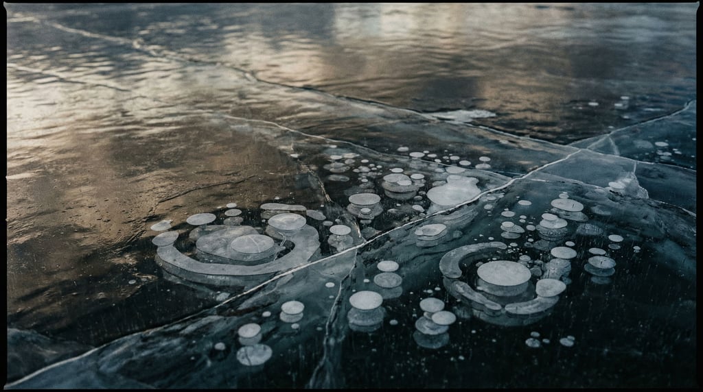 Frozen lake with methane bubbles trapped in layers of clear ice (in8s18t)