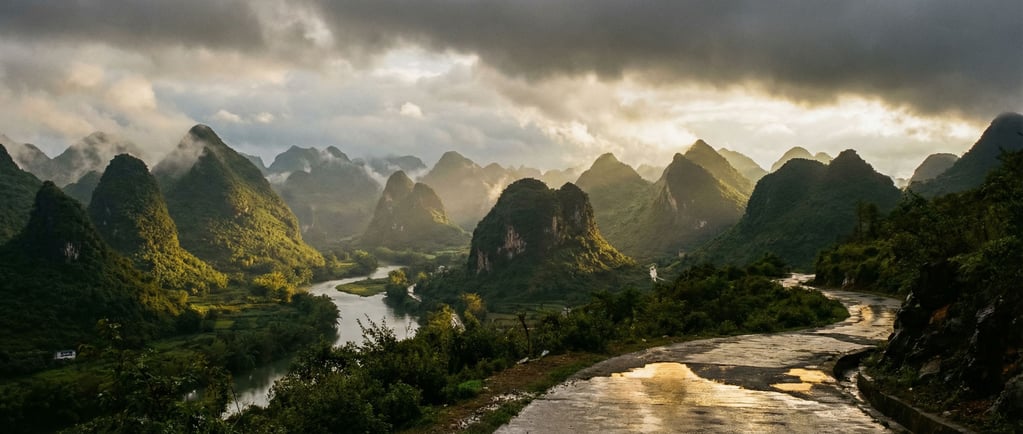 Karst landscape with conical green hills, morning mist pooling in the valleys between them (vjaapkym)