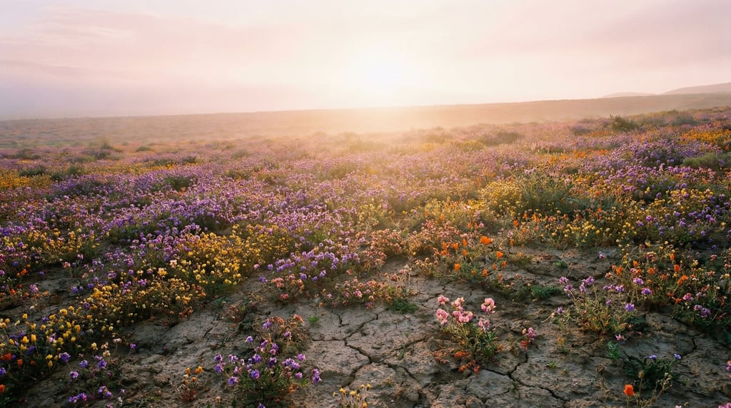 Desert wildflower superbloom, millions of tiny flowers carpeting cracked earth in vivid color to the (htnpyohp)