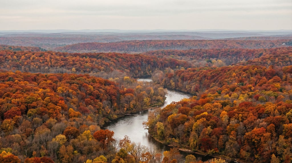 Meandering river through dense autumn forest seen from above (2d)