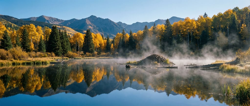 Autumnal mountain reflected in a beaver pond, aspen gold and spruce green doubled in still water (kwzwnmmf)