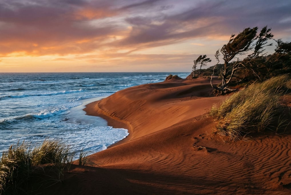 Red sand dunes meeting the Atlantic Ocean (i7sg7ks)