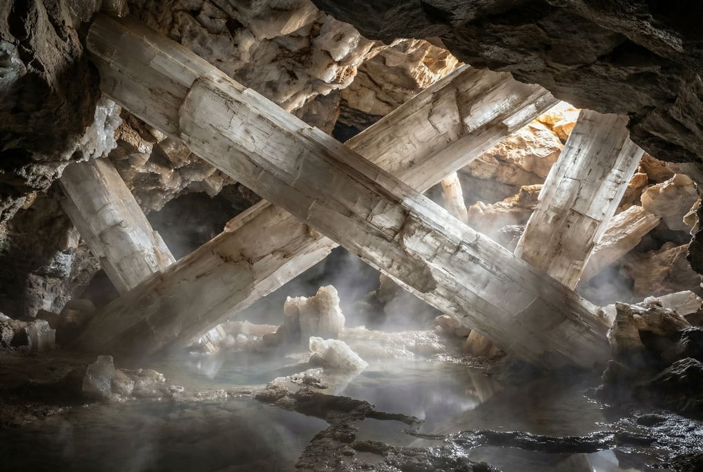 Crystal cave interior, massive selenite beams crossing at angles (sa9q3ixx)