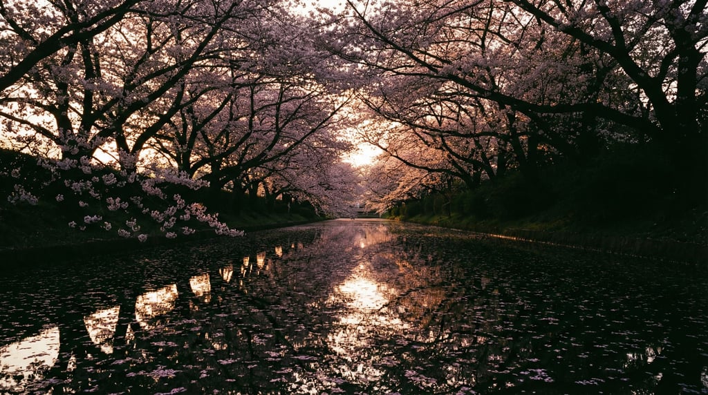 Cherry blossom canopy over a still canal, pink petals floating on dark water, spring in full force (lpgbstzj)