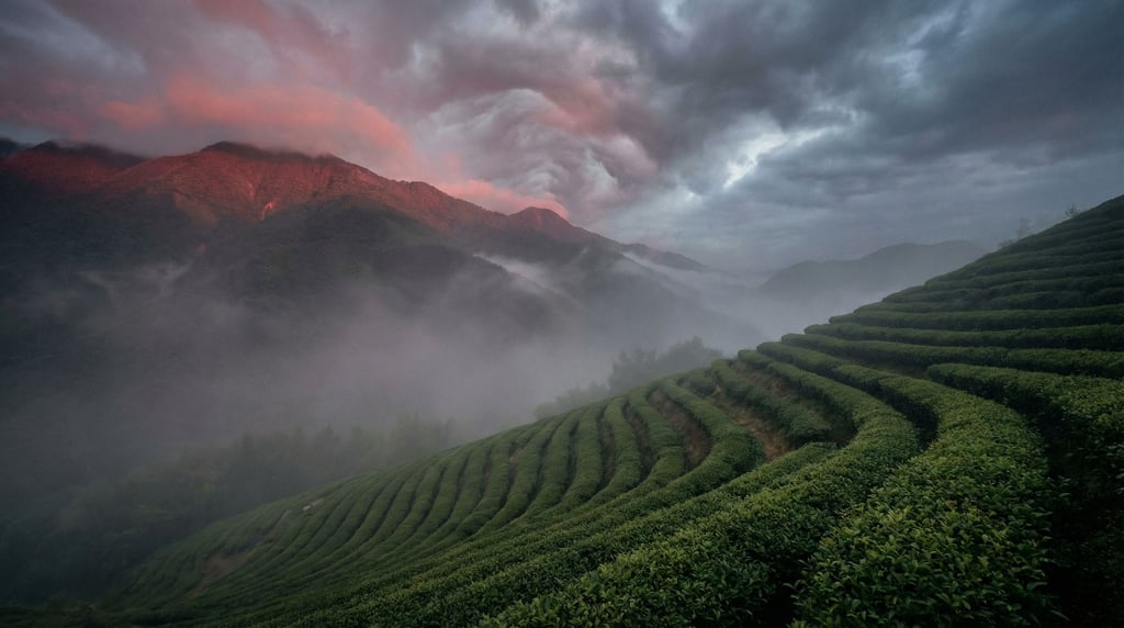 Tea plantation on misty mountain slopes, neat rows of green bushes curving along contours into fog (jljpewzp)