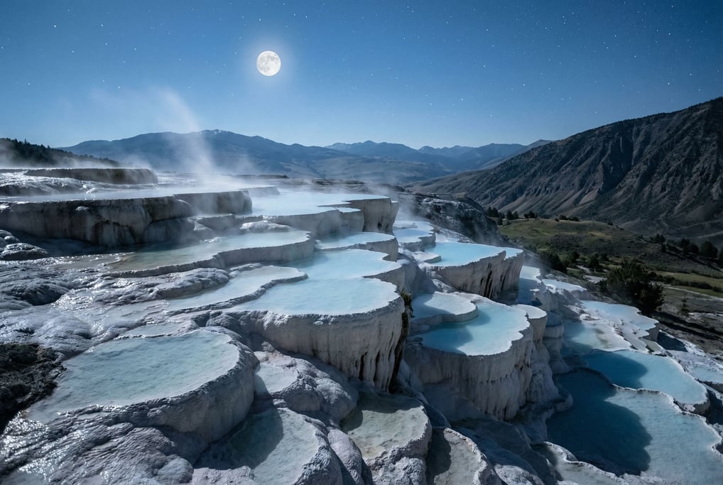 Hot spring terraces, calcium carbonate pools cascading down a hillside in white and pale blue (x7leqwnm)