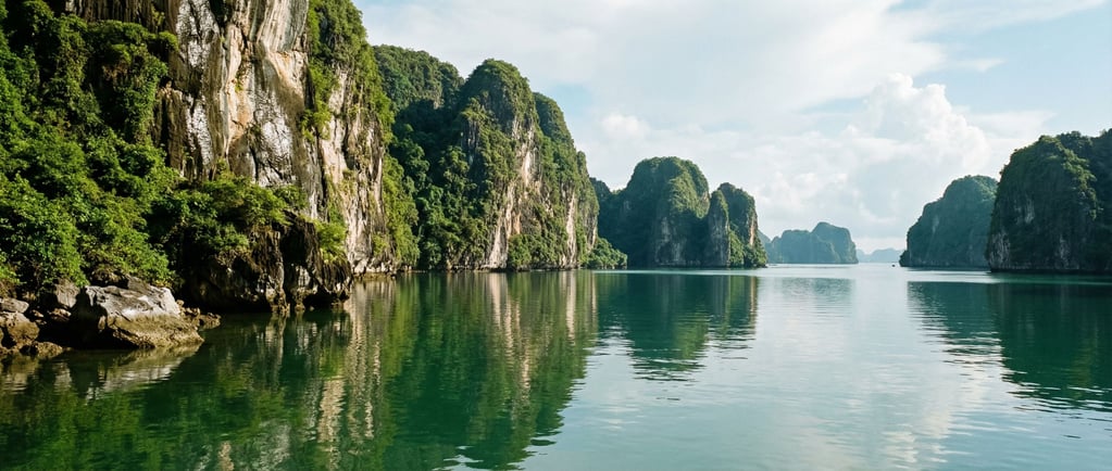 Limestone karst towers rising from calm emerald sea, vertical green cliffs reflected in still water (krd28ev)