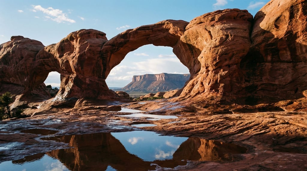 Wind-carved sandstone arches framing a distant mesa, warm red rock against blue sky (64w2lbv9)