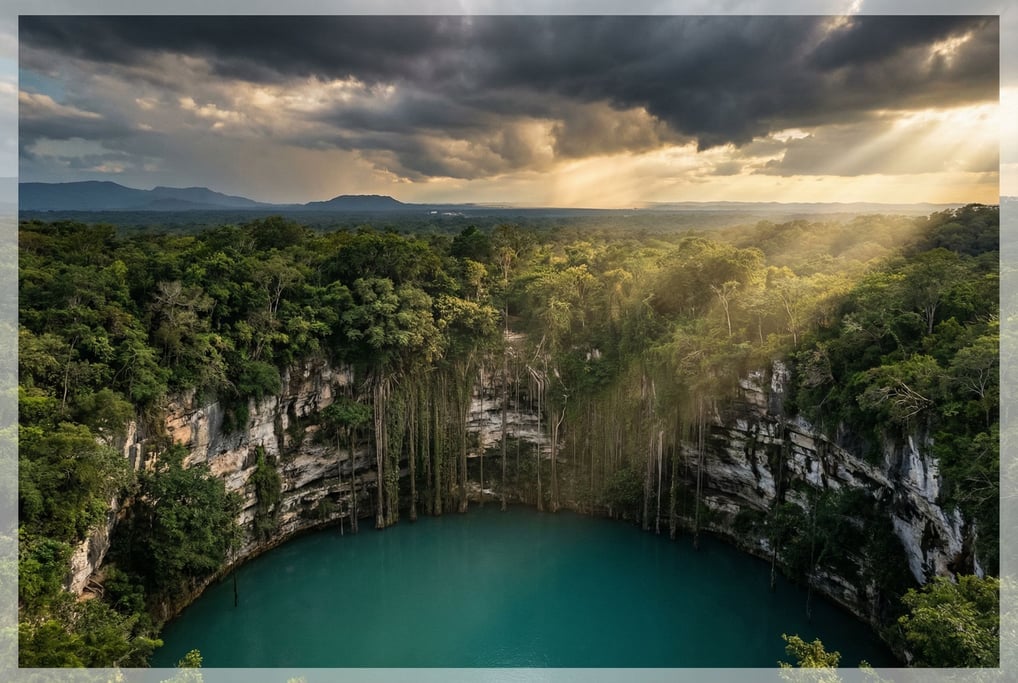 A cenote in dense jungle, circular sinkhole with turquoise water far below (nwbtoce7)