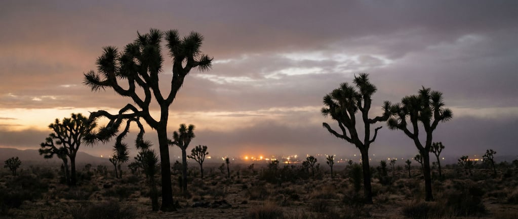 Joshua trees silhouetted against a gradient desert sunset sky (j6bxjwl8)