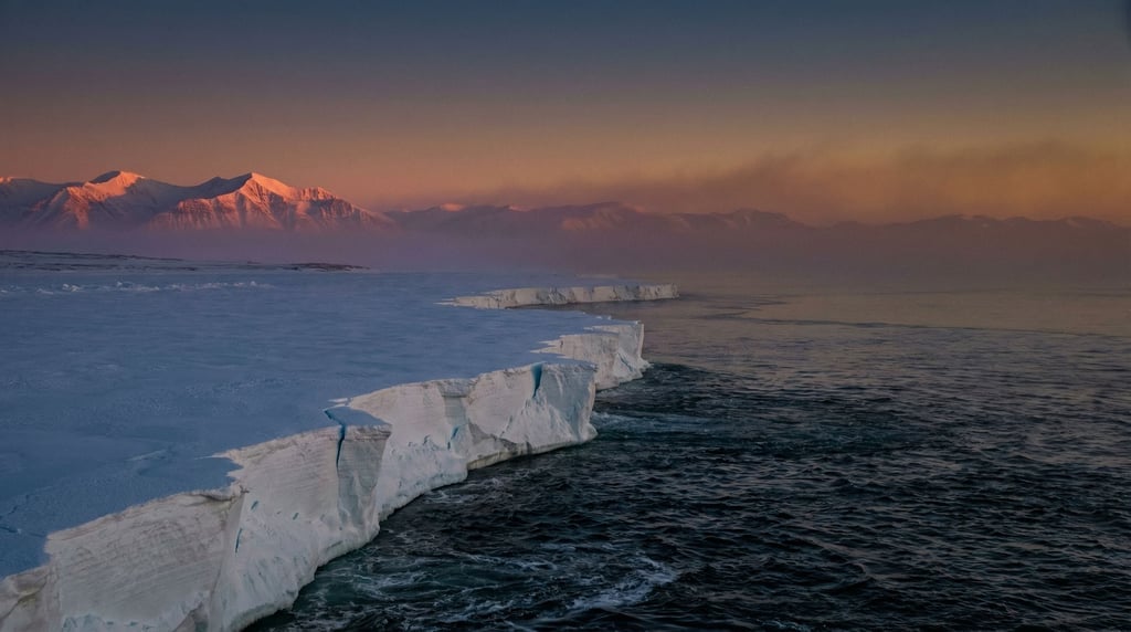 Frozen ocean shoreline, shelf ice meeting dark open water at a sharp boundary line (xa411vax)