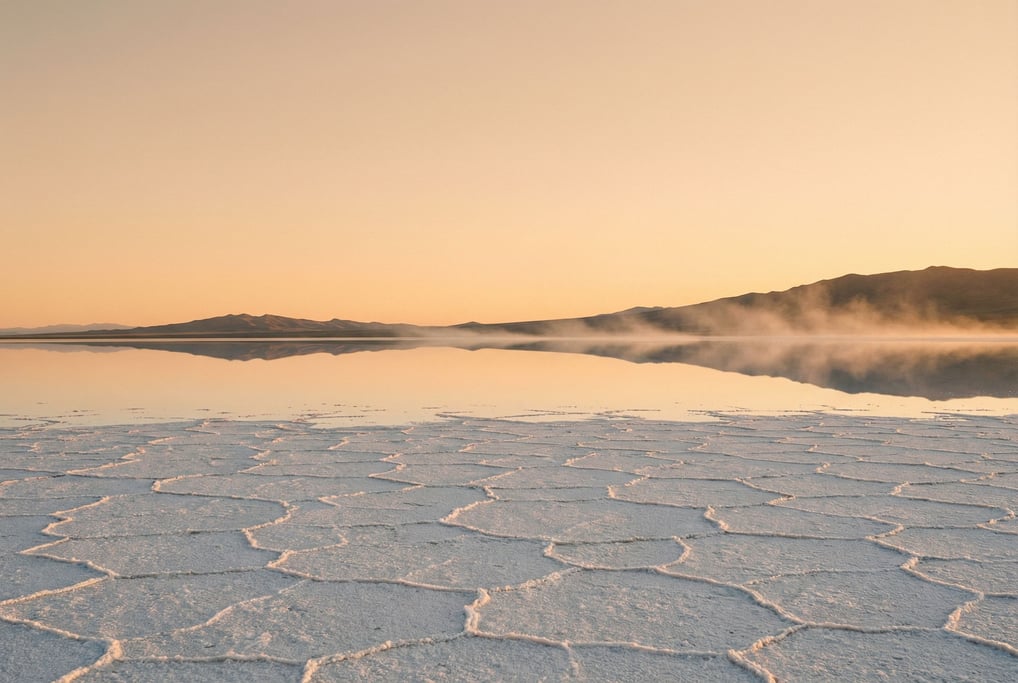 White salt flats stretching to the horizon, hexagonal crack patterns under a cloudless sky (cljbrv)