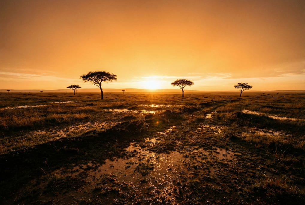 Vast savanna at golden hour, scattered acacia trees silhouetted against a wide orange sky (dw9fbzrk)