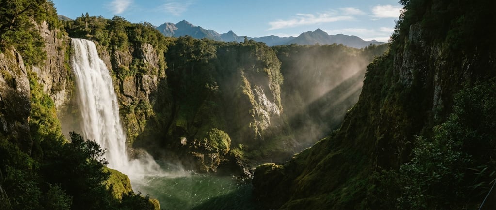 Waterfall plunging into a mossy gorge, mist rising into angled sunbeams, emerald pool at the base (ojlxu7n5)