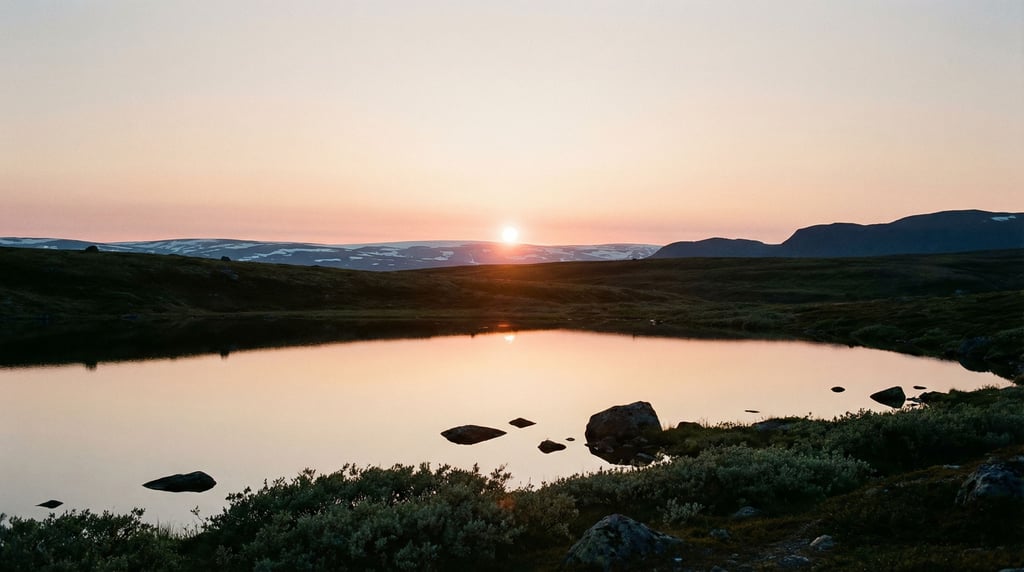 Midnight sun hovering just above the arctic horizon, casting endless golden light across tundra (umuudlks)