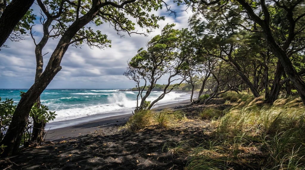Volcanic black sand beach with turquoise waves breaking on shore, stark contrast of dark and bright (bbgydrbg)