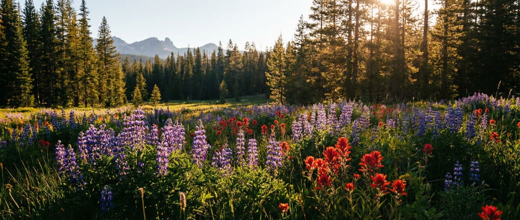 Wildflower meadow at the edge of a pine forest, lupines and paintbrush in vivid purple and red (w37mt0iz)