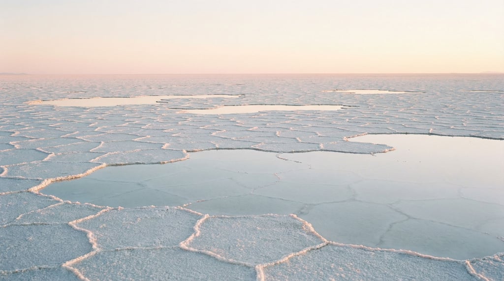 White salt flats stretching to the horizon, hexagonal crack patterns under a cloudless sky (6pzag9n1)