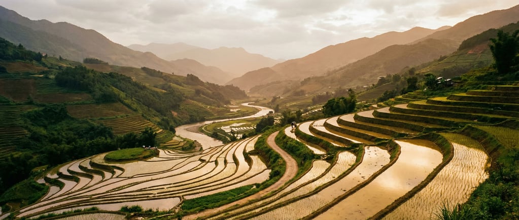 Terraced rice paddies reflecting sunset (22trw2)