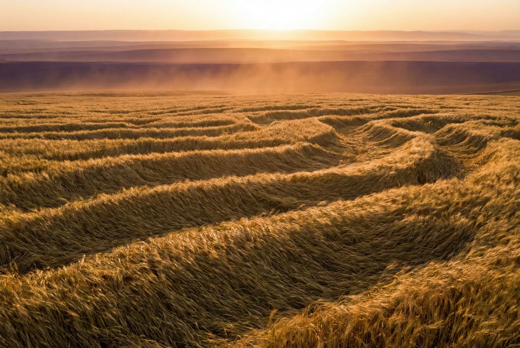 Wheat field with wind creating visible wave patterns across golden stalks, endless and hypnotic (oeihektl)