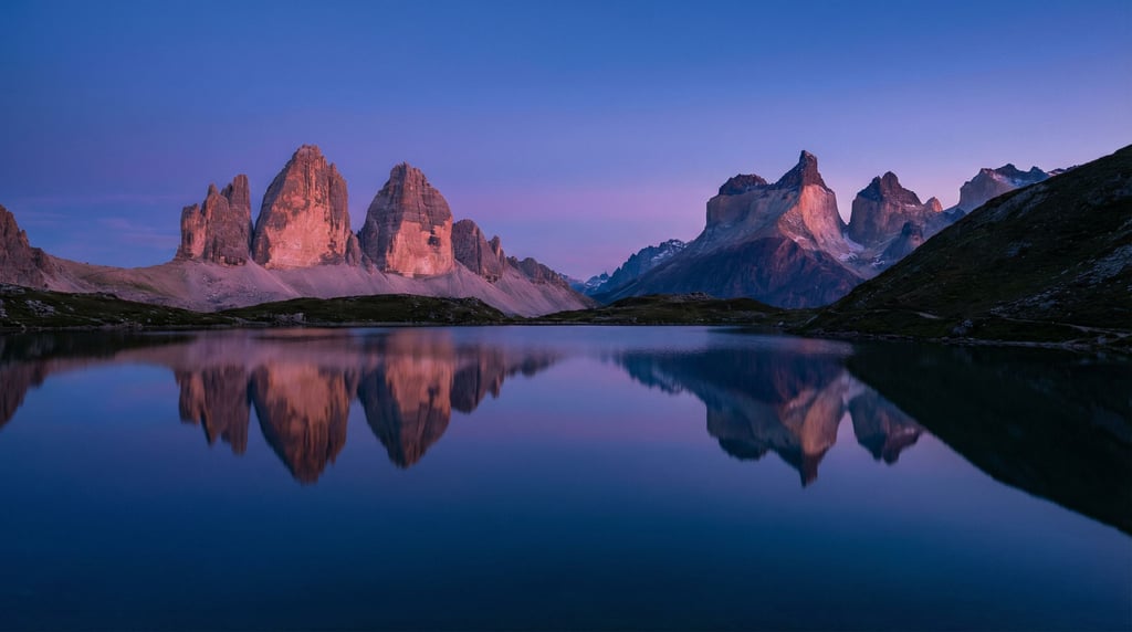 Dolomite towers glowing pink in alpenglow, vertical limestone pillars against a deep twilight sky (2fsoy4q)