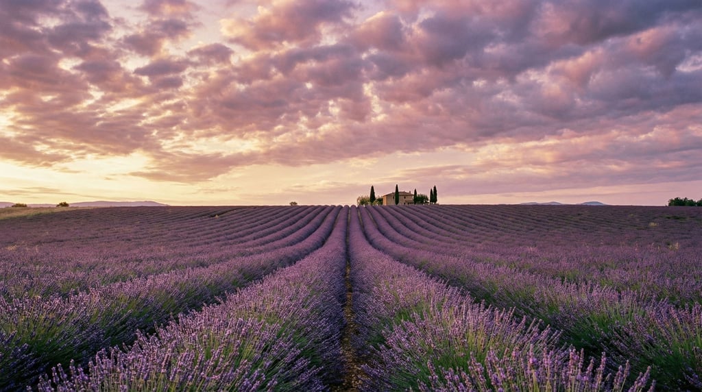 Lavender fields in full bloom, purple rows converging toward the horizon (lisbayi5)