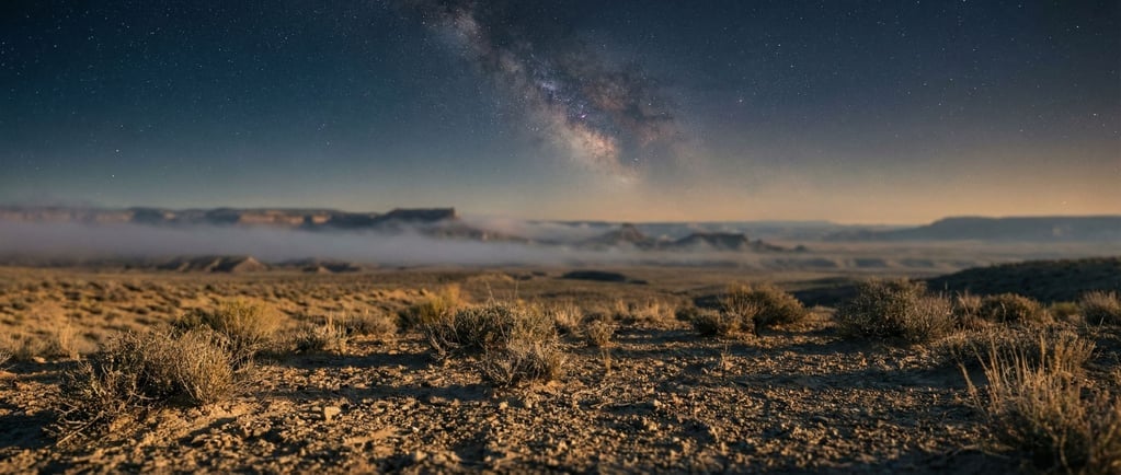 Milky Way arching over a flat desert landscape, stars sharp and countless, no light pollution