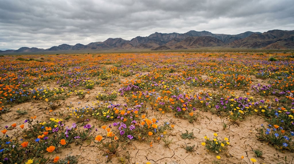 Desert wildflower superbloom, millions of tiny flowers carpeting cracked earth in vivid color to the (ojct2tbb)