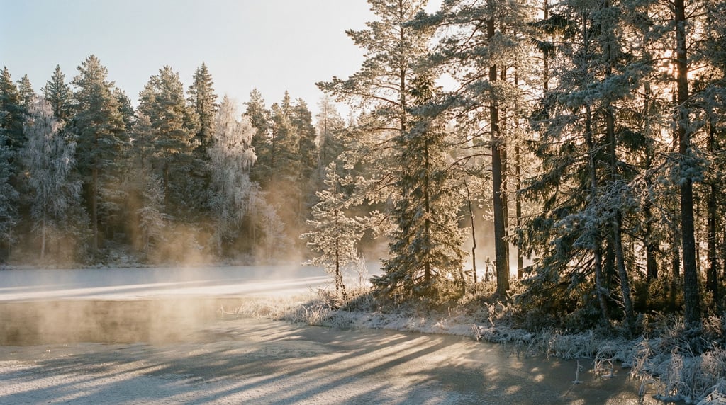 Frost-covered boreal forest at sunrise, every needle and branch outlined in delicate white crystal (pbd6yzfe)