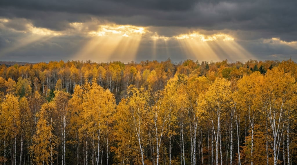 A birch forest in peak autumn, golden leaves against white bark (rtip1msq)