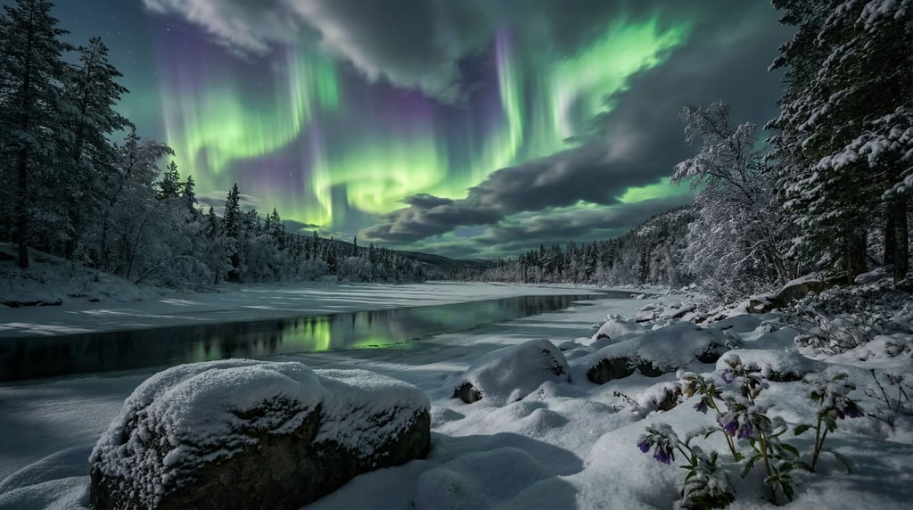 Northern lights over a snow-covered valley (jhalutjm)