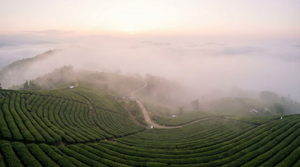 Tea plantation on misty mountain slopes, neat rows of green bushes curving along contours into fog (4)