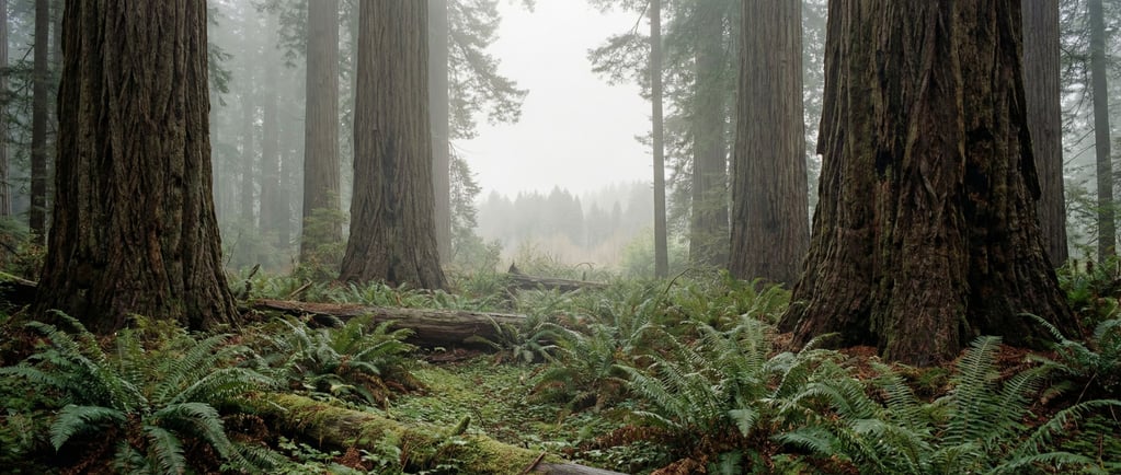Old-growth redwood forest, massive trunks disappearing into fog (uzqiu0rr)