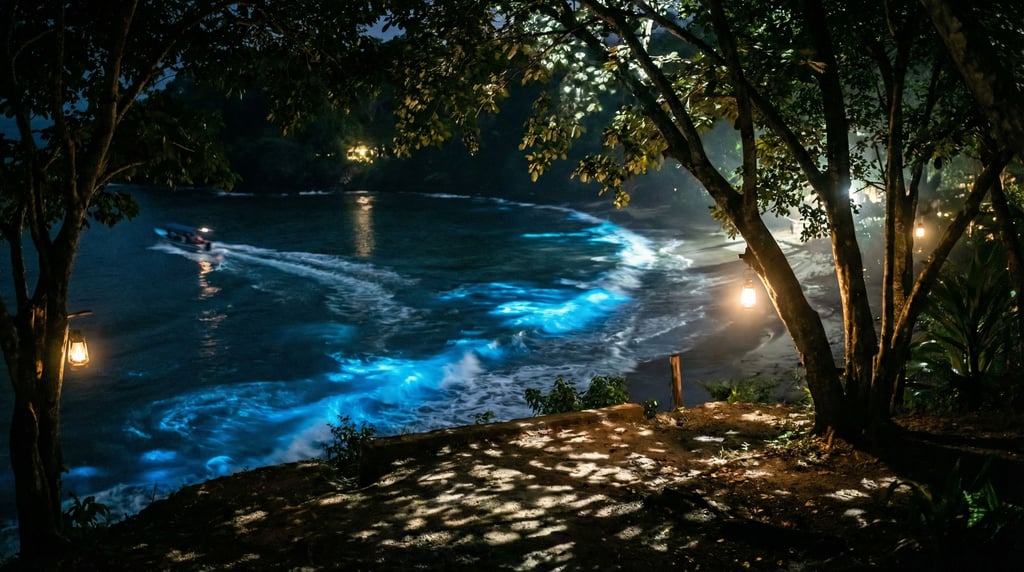 Bioluminescent bay at night, electric blue light glowing in dark water where waves disturb the surfa (rflueqi4)