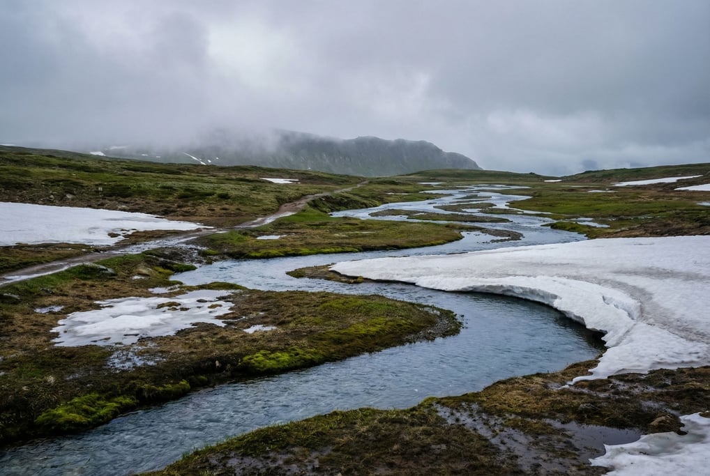 Spring snowmelt streams cutting channels through remaining snow patches on an alpine meadow (vaasorxc)
