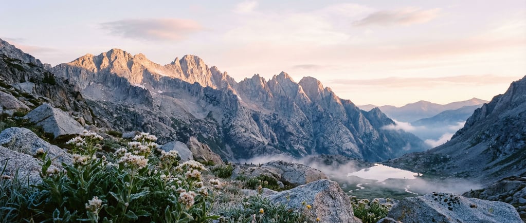 A jagged granite ridge at dawn, the first rays of sunlight hitting only the highest peaks while vall (8mbmr7)