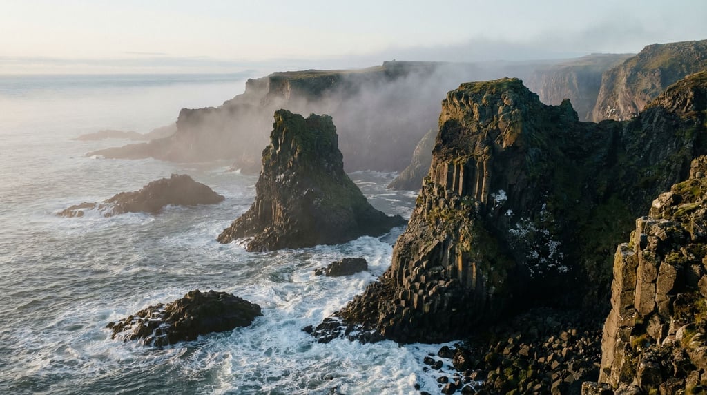 Sea stacks along a foggy coastline, dark basalt pillars rising from churning white surf