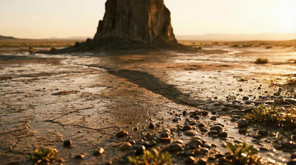A volcanic plug rising alone from flat desert (ta7z2zo)