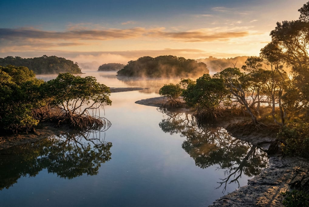 Mangrove-lined estuary at golden hour, still water reflecting tangled roots and warm sky (li5esceq)