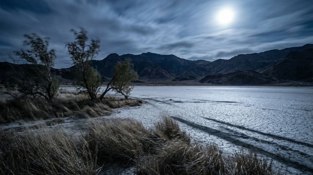 Dried lakebed with cracking mud patterns stretching to distant mountains, bleached white and minimal (bfozrhsd)