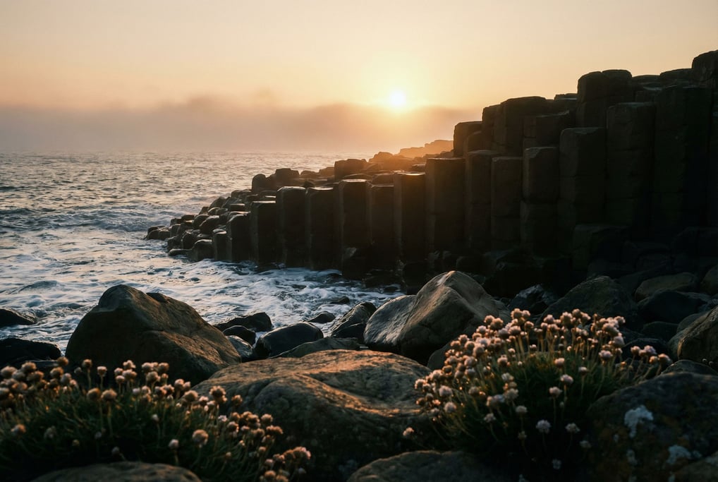 Giant hexagonal basalt columns at the edge of the sea, geometric natural forms worn smooth by waves (bxo)