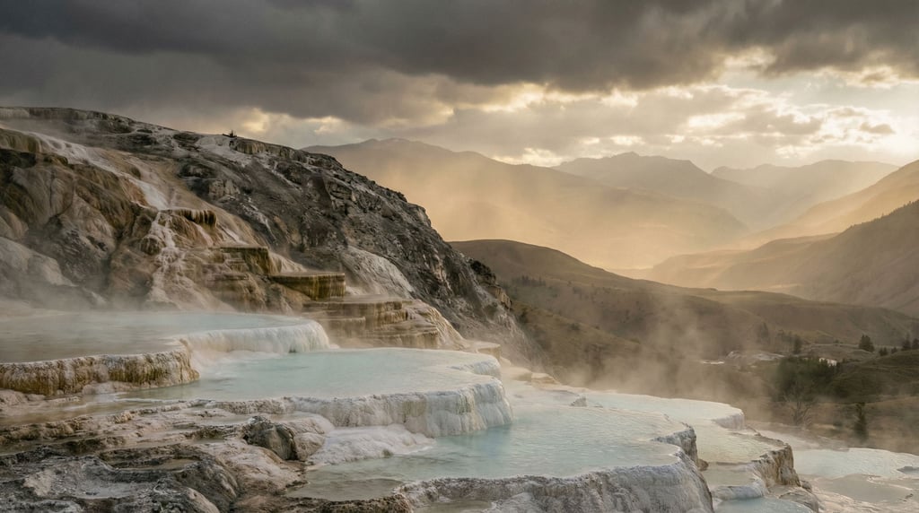 Hot spring terraces, calcium carbonate pools cascading down a hillside in white and pale blue (jwk0nisw)