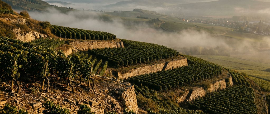 Vineyard rows on steep hillside terraces (tunwrnw)