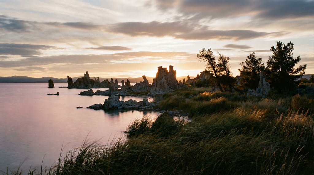 Tufa towers rising from alkaline lake water (6ovv4h9x)