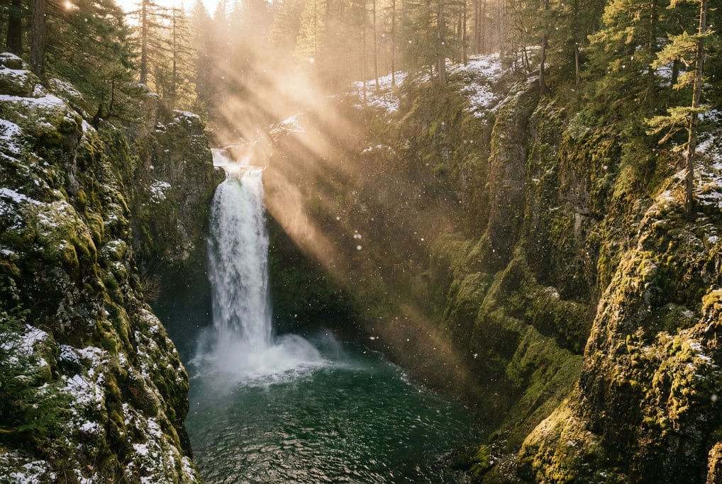 Waterfall plunging into a mossy gorge, mist rising into angled sunbeams, emerald pool at the base (gdtlvztt)