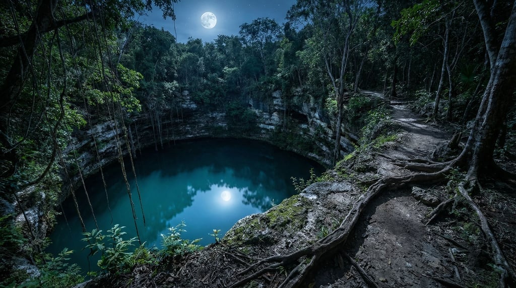 A cenote in dense jungle, circular sinkhole with turquoise water far below
