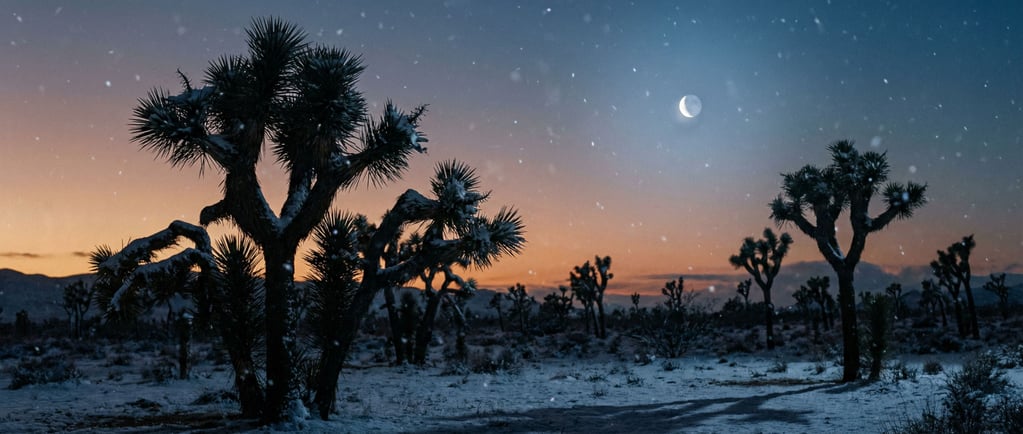 Joshua trees silhouetted against a gradient desert sunset sky (nfxob728)
