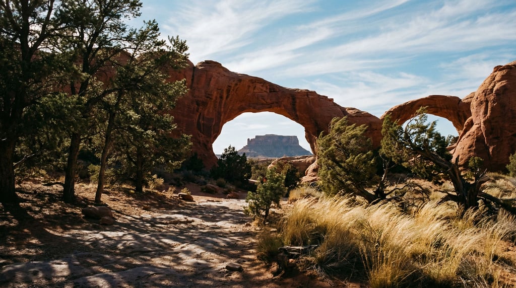 Wind-carved sandstone arches framing a distant mesa, warm red rock against blue sky (myzgwtf1)