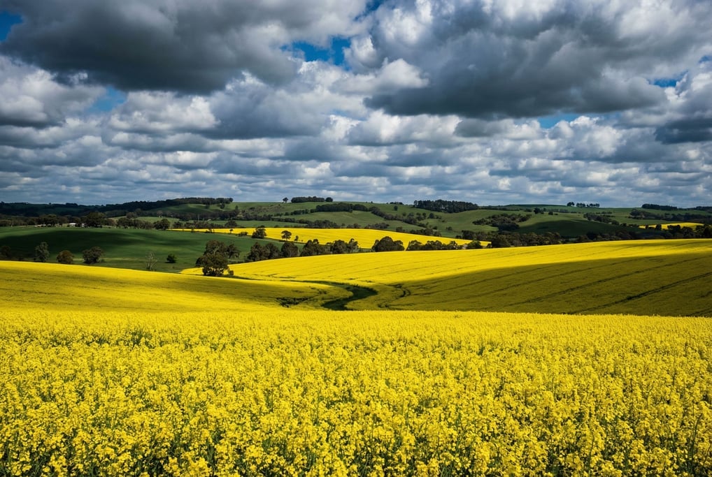 Canola fields in full bloom, vivid yellow stretching to green rolling hills under dramatic clouds (4j4vl8)